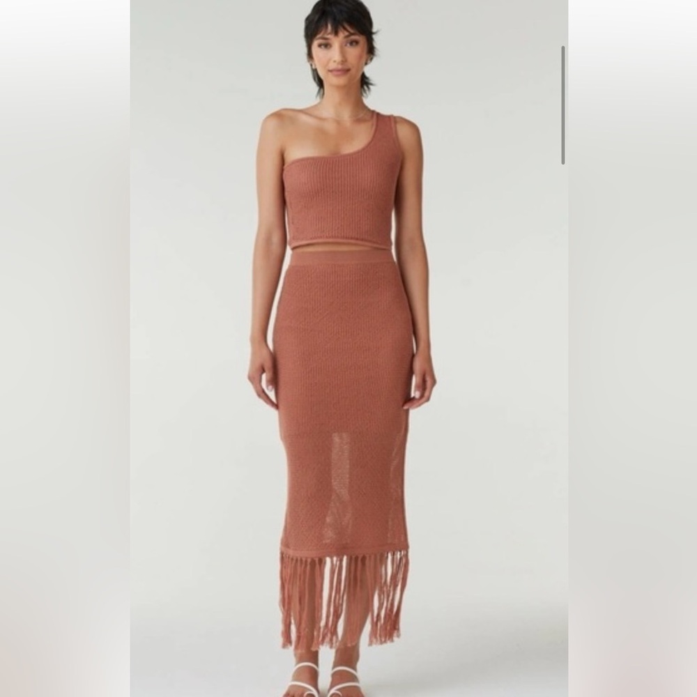 Vetta Capsule Collection One Shoulder Knit Top and Fringe Skirt Set in Clay